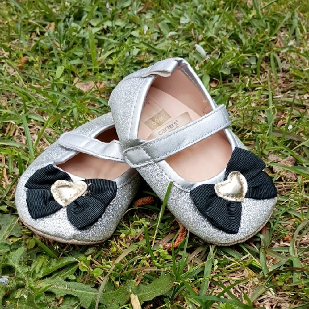 Carter's Silver Glitter Mary Janes with Black Bow and Gold Heart